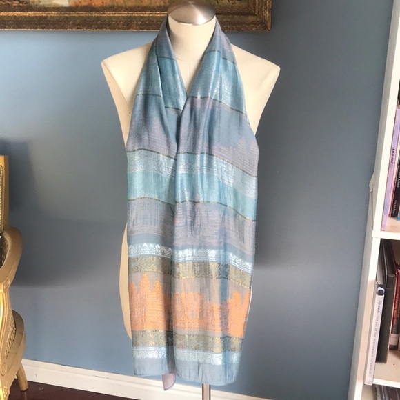 Cambodian Silk Accessories - Gray & blue with copper, silver and gold. Silk scarf made in Cambodia